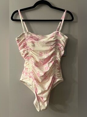 Shade & Shore Pink & Cream Floral Ruched Bandeau Swimsuit